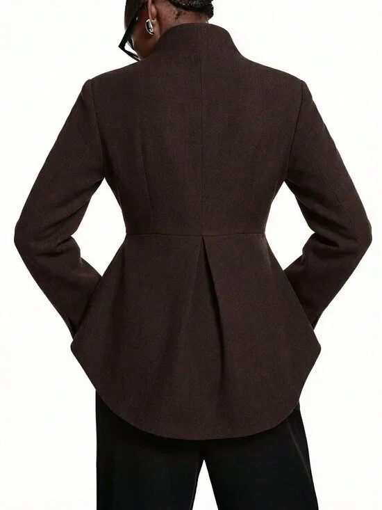 Coffee Brown Elegant Women's Minimalist Coffee Fitted Waist Blazer - Picture 2 of 6